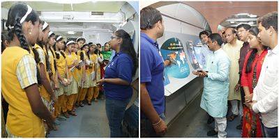 [:en]Hon.Railway Min Shri Suresh Prabhu appealed through video conferencing to conserve the environment on coastal area of Konkan by controlling pollution. Science express,a special train prepared by Railway Ministry which educates the visitors about environment and changes occurred through it, arrived at Roha Railway .Station.MLA Shri Prashant Thakur was present at the time of inauguration  of this exhibition named air water transformation which was visited by thousands of students and civilians [:hi]कोकण किनारपट्टीवरील प्रदूषण रोखून पर्यावरणाचे संवर्धन करण्यासाठी सामूहिक प्रयत्न करण्याचे आवाहन रेल्वेमंत्री सुरेश प्रभू यांनी व्हिडिओ कॉन्फरन्सिंगने केले. प्रभू यांच्या संकल्पनेतून रेल्वे मंत्रालयाने तयार केलेली पर्यावरण व त्यासंबंधी बदलाची माहिती देणारी सायन्स एक्स्प्रेस मंगळवारी रोहे स्थानकात दाखल झाली. या अनोख्या प्रदर्शनाच्या उद्घाटन समारंभास भाजप जिल्हाध्यक्ष आमदार प्रशांत ठाकूर उपस्थित होते. ‘जलवायू परिवर्तन’ अशी थीम असलेल्या या एक्स्प्रेसला हजारो विद्यार्थ्यांसह नागरिकांनी भेट दिली.[:] 1