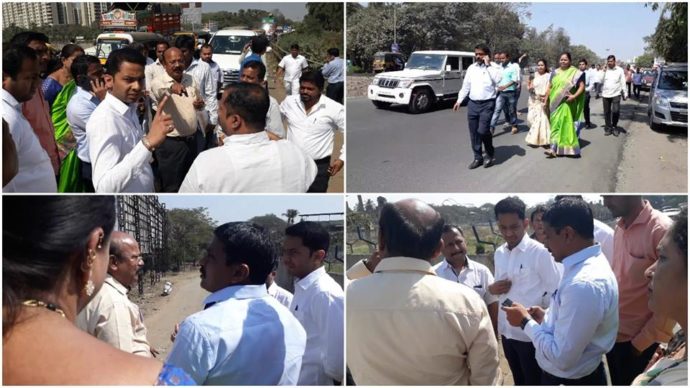 [:en]Had a visit with Ex Engraji of MSRDC to the section of road between Pancha mukhi Maruti Mandir to Kalundre village along with Dy Mayor Mrs Charushila Gharat Councillors Mrs Darshana Bhoir and Tejas Kandpile and instructed to fulfill the demand of citizens about Fly over and signal system on the Highway finalised the points/locations for that.[:hi]एम. एस. आर. डी. ए. च्या कार्यकारी अभियंत्याबरोबर मिळून आपण पंचमुखी मारुती ते काळुंद्रे या रस्त्याची पाहणी करून अधिकार्‍यांना नागरिकांच्या मागणी प्रमाणे उड्डाण पूल व महामार्गावर सिग्नल बसवण्याबाबत सूचना दिल्या. या वेळी उपमहापौर चारुशीला घरत, सभापती दर्शना भोईर, नगरसेवक तेजस कांडपिळे, अजय बहिरा आदी सोबत होते. नागरिकांच्या सोयीसाठी बायपास कोठे हवा, ओएनजिसी जवळील सिग्नल कोठे हलवायचा याबाबत ग्रामस्थयांबरोबर आपण चर्चा केली व अधिकाऱ्यांना त्याबद्दल सूचना दिल्या.[:] 1