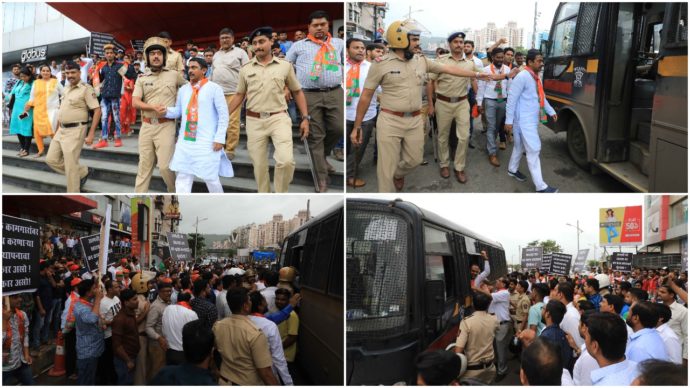 [:en]Raigad Dist BJP President and MLA Shri Prashant Thakur pioneered an agitation at 4 pm against the management of Little Mall Kharghar for illegal termination of workers. The theater at the Mall was shut down as a part of agitation. Shri Prashant Thakur warned the management that a big agitation will be held if the services of terminated workers are not restored within a week.[:hi]स्थानिक कामगारांना कामावरून काढून टाकणार्‍या खारघर येथील लिटील वर्ल्ड मॉलमधील कार्निवल सिनेमा व्यवस्थापनाच्या विरोधात भाजपचे रायगड जिल्हाध्यक्ष आमदार प्रशांत ठाकूर यांच्या नेतृत्वाखाली आज थिएटर बंद आंदोलन करण्यात आले.जोपर्यंत कमी केलेल्या कामगारांना पूर्ववत कामावर घेईपर्यंत आंदोलन सुरुच ठेवले जाईल, आठवडाभरात कामगारांना पुन्हा कामावर घ्यावे,अन्यथा या आंदोलनापेक्षा तीव्र आंदोलन आम्ही छेडू,आज केवळ खारघरपुरतेच मर्यादित कार्यकर्ते आंदोलनात सहभागी झालेले आहेत.जर मागण्या मान्य केल्या नाहीत तर तालुक्यातील कार्यकर्त्यांच्या माध्यमातून तीव्र आंदोलन छेडू, असा इशारा आमदार प्रशांत ठाकूर यांनी व्यवस्थापनाला दिला आहे. सायंकाळी 4 वाजता हे आंदोलन करण्यात आले.[:] 1